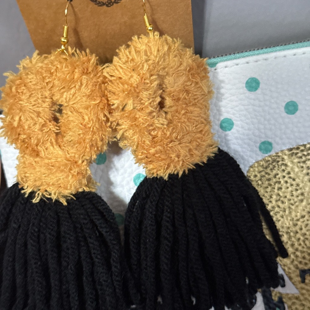 Fuzzy Tan and Black Tassel Earrings